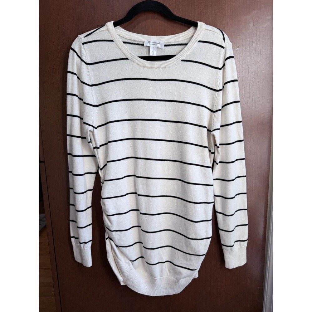 Motherhood Maternity Ivory Black Stripe Sweater Medium Ruched Side Knit Pullover